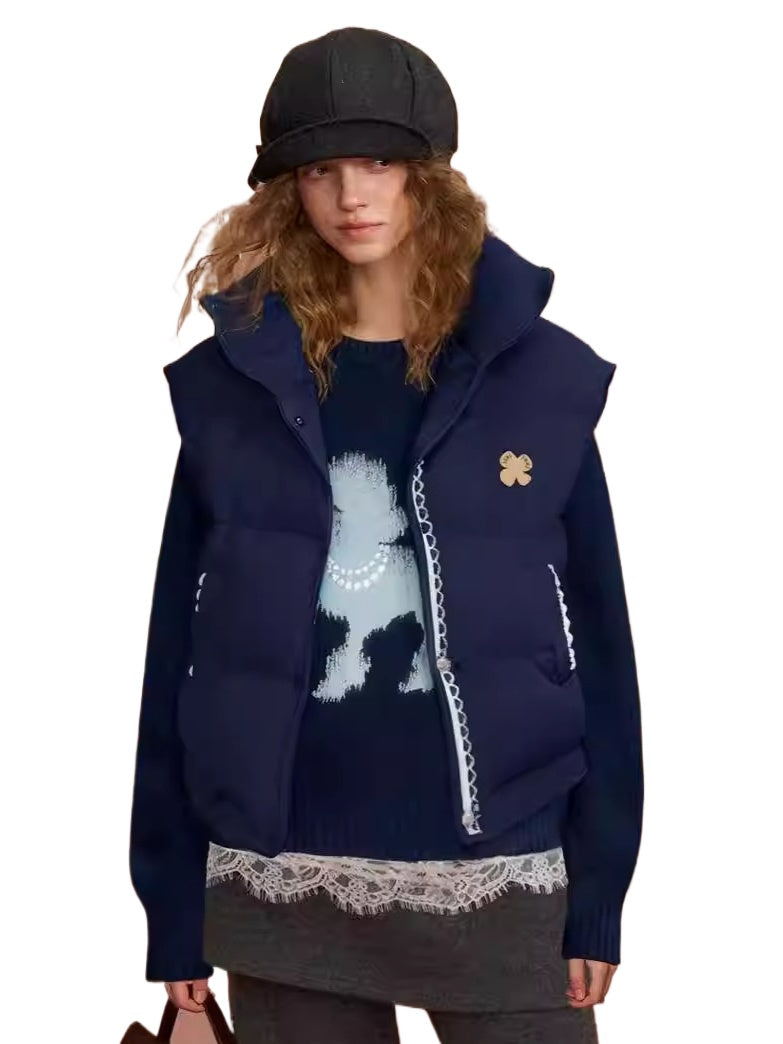 Lace Stand Collar Puffer Vest