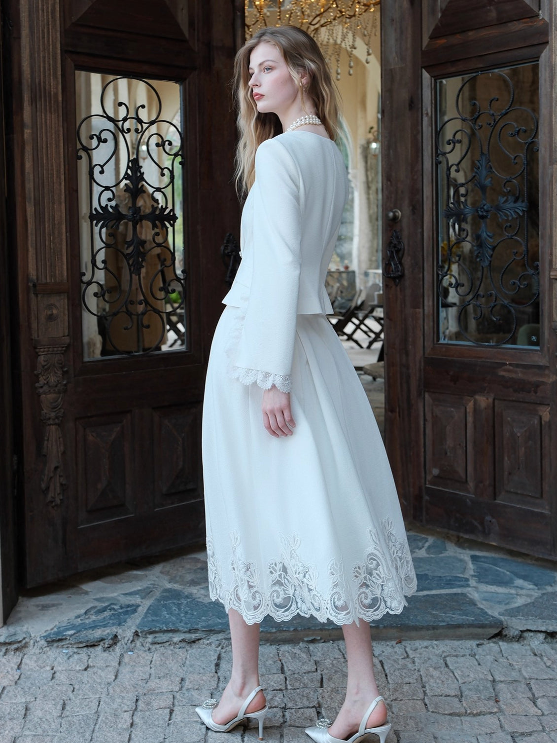 Mirage Vintage Lace-Collar Blazer & Flared Skirt Set