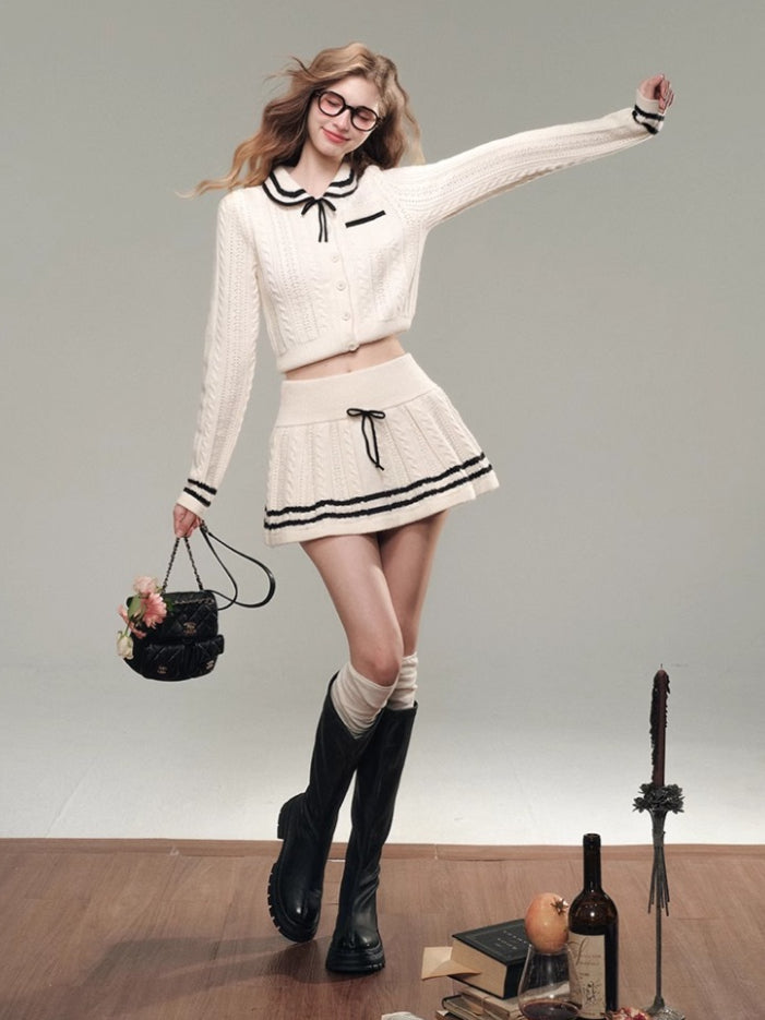 Sailor Doll Collar Knit Cardigan & Skirt Set
