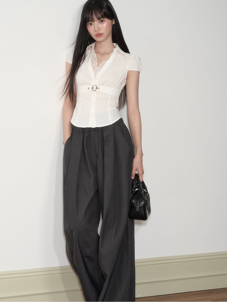 Waist Lace V - neck Shirt