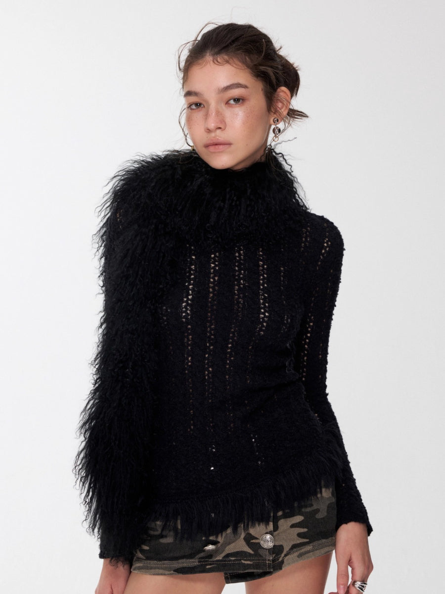 Cable Knit Faux-Fur Trim Fitted Sweater