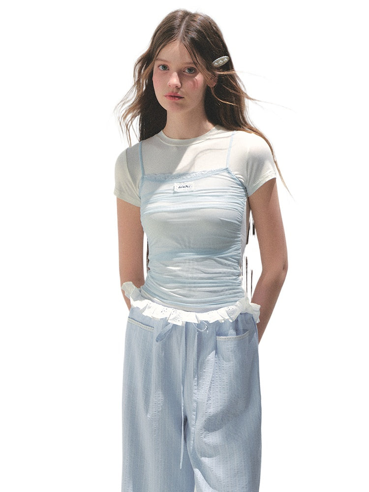 Contrast Color Fake Two-piece Mesh Lace Short-sleeve T-shirt