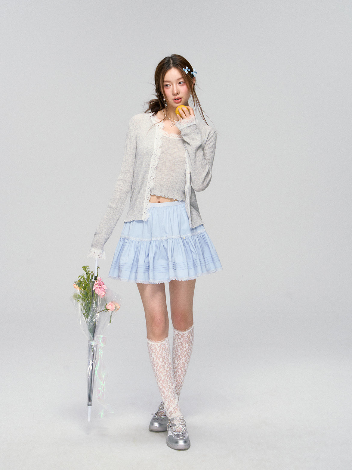 Blue Lace Trim Layered Skirt