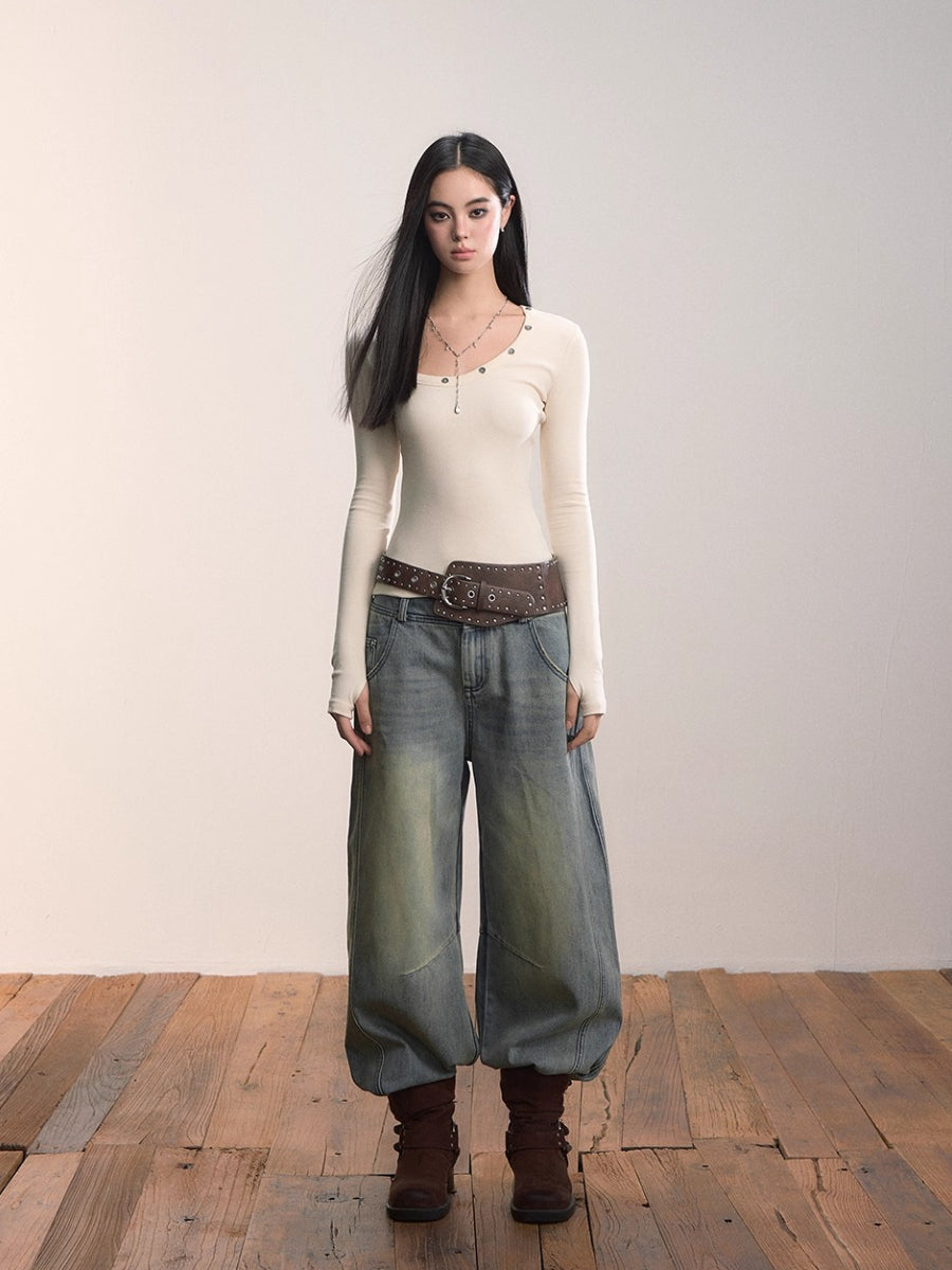 Studded Asymmetric U-Neck Long Sleeve Knit Top