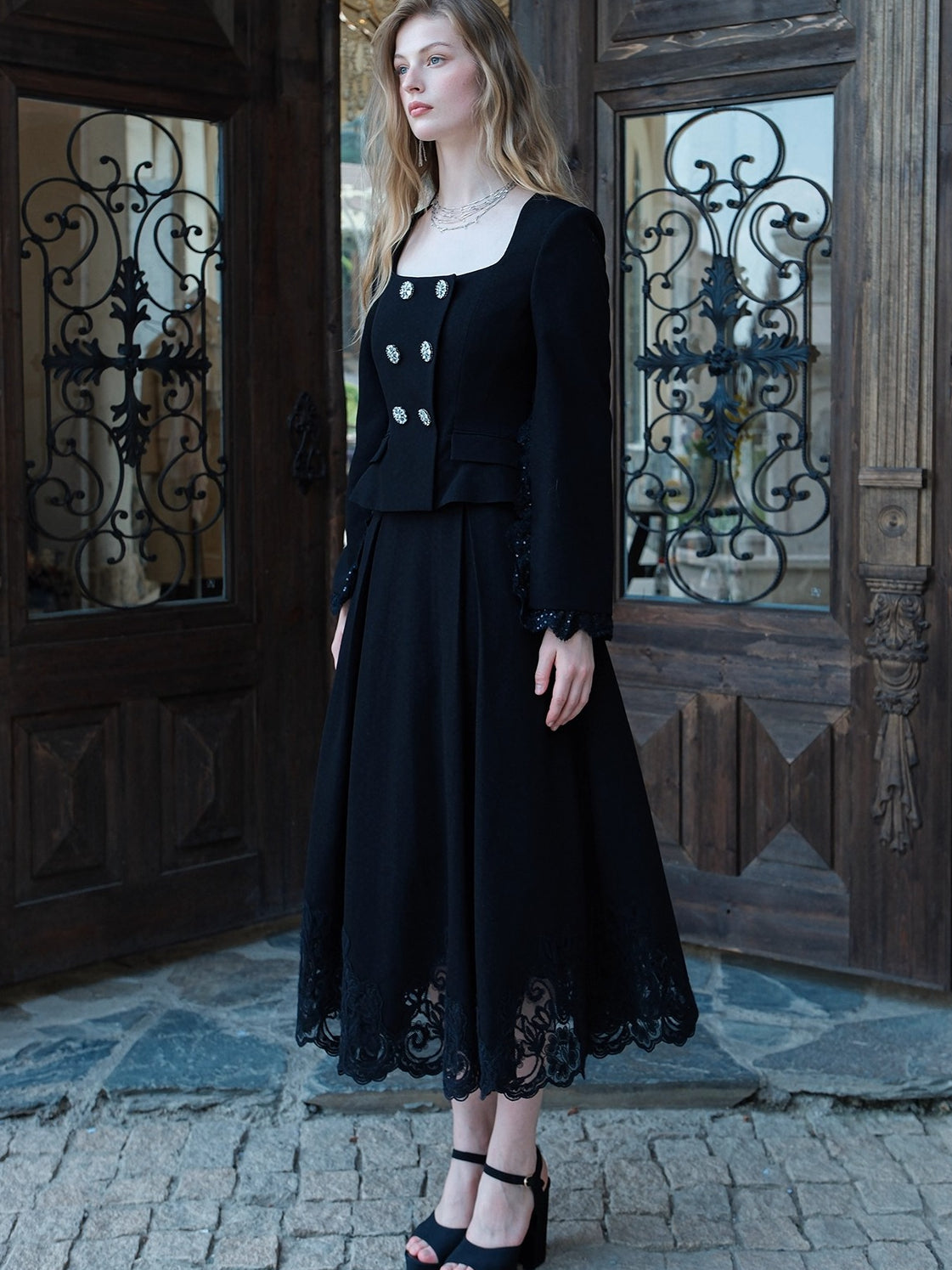 Mirage Vintage Lace-Collar Blazer & Flared Skirt Set