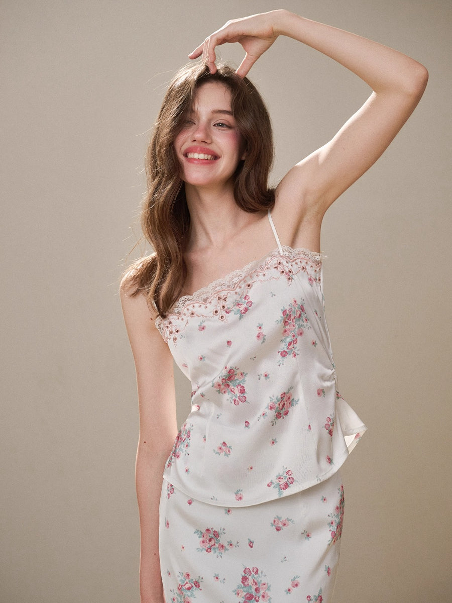 Cosagach Pearl Satin Embroidered Camisole & Skirt Set