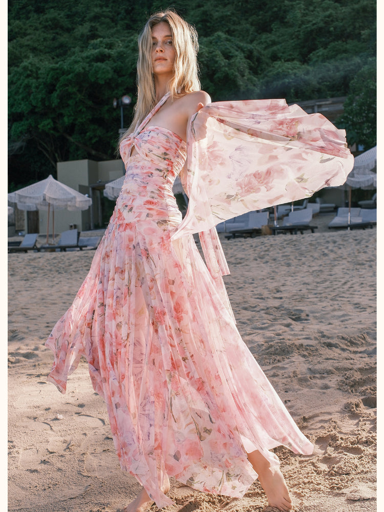 Floral-print Floral Ribbon Neckline Hollow-out Dress