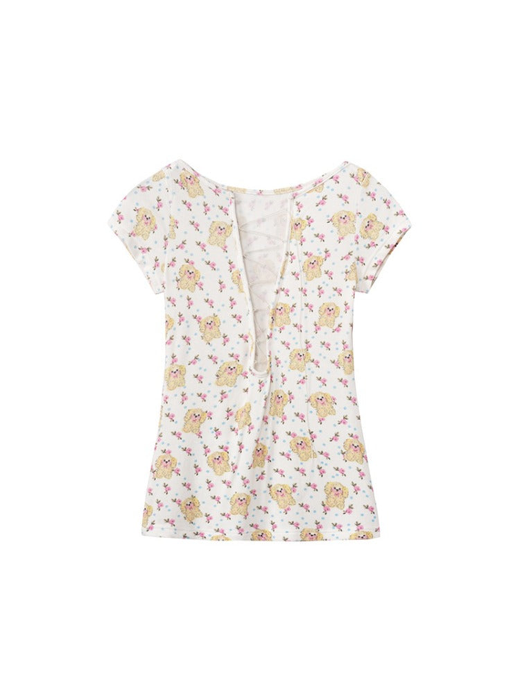 Printed Drawstring V-neck Tee