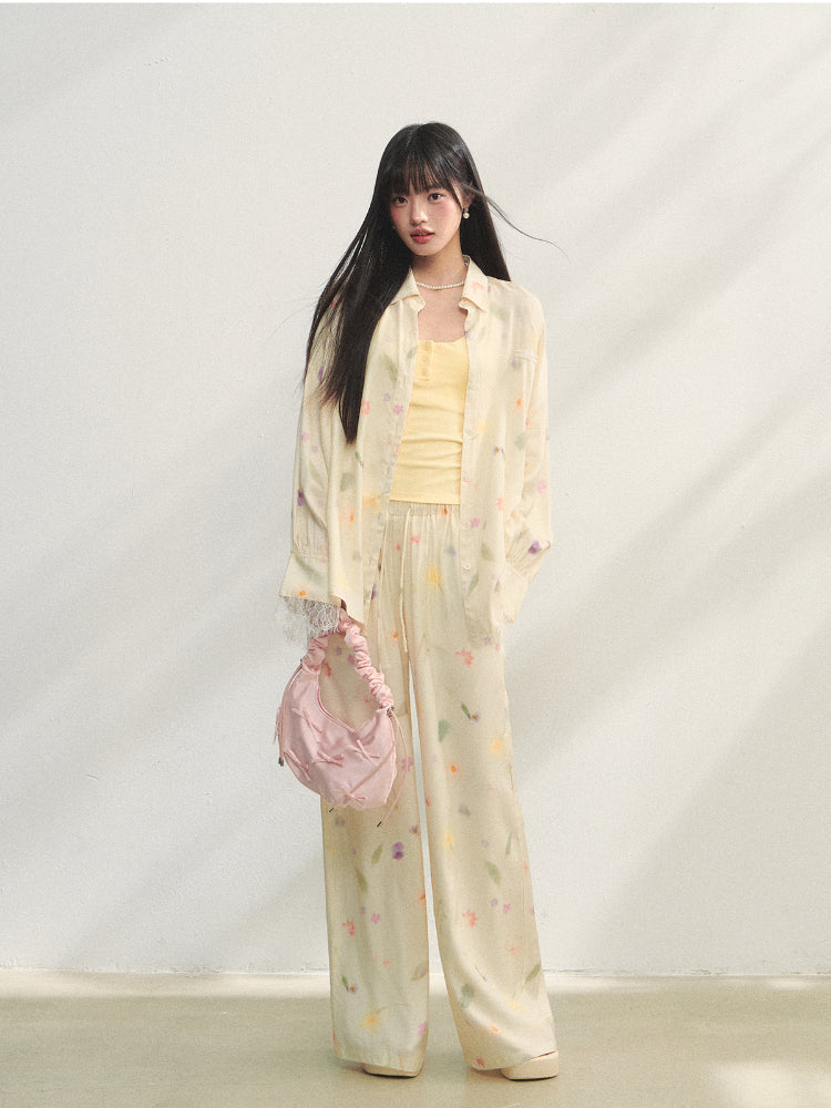 Lace-trimmed Floral Print Long-sleeve Shirt