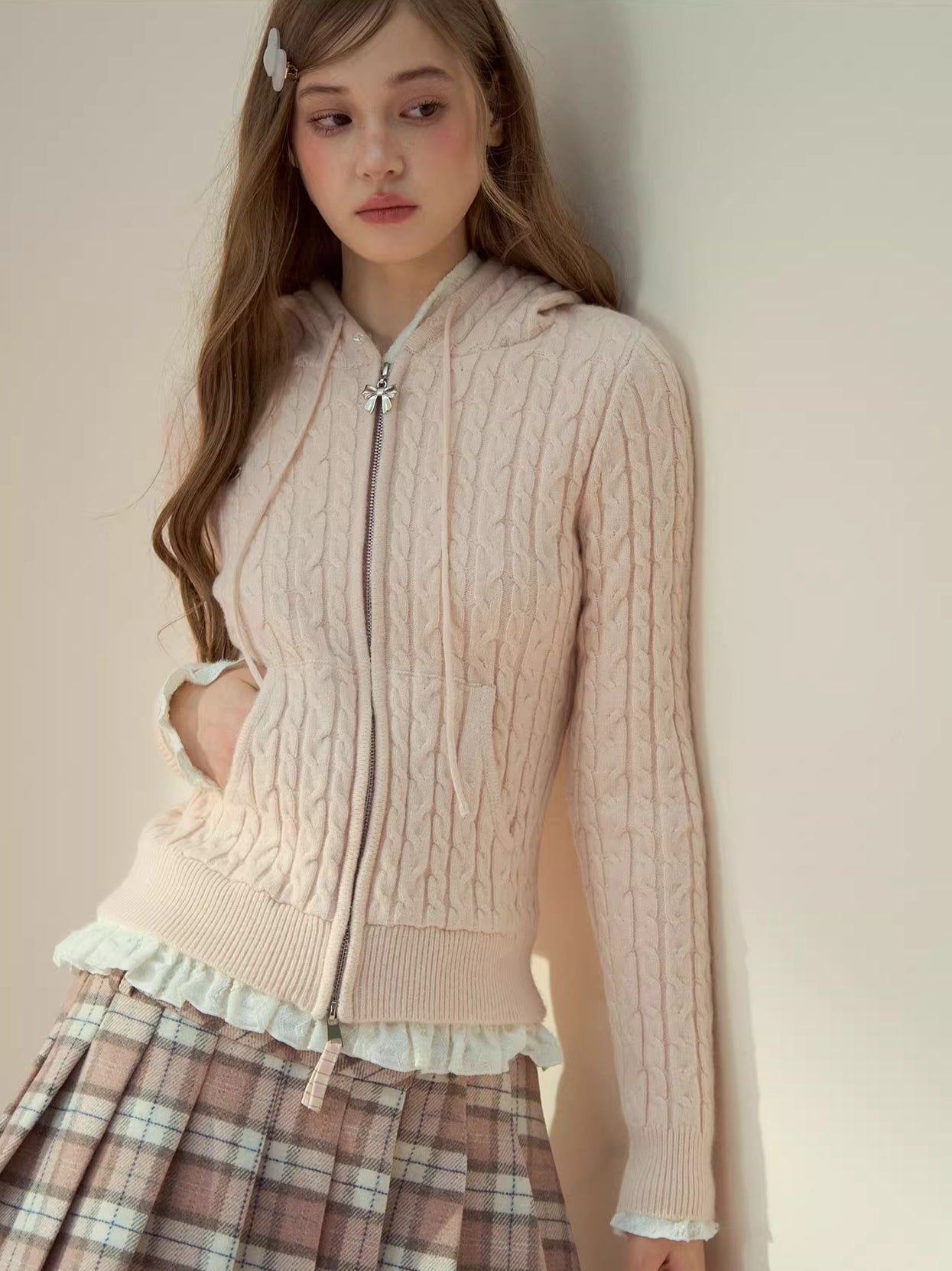 Detachable Fur Collar Blush Zip-up Knit Cardigan