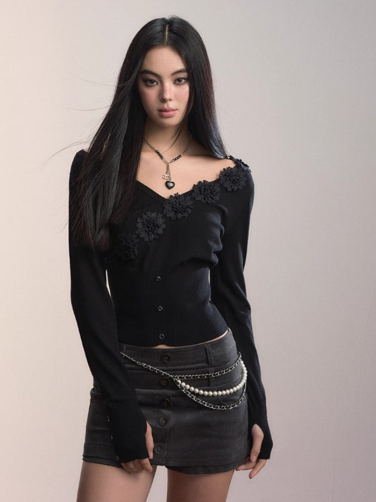 3D Floral Ribbed Waist-Fit T-shirt