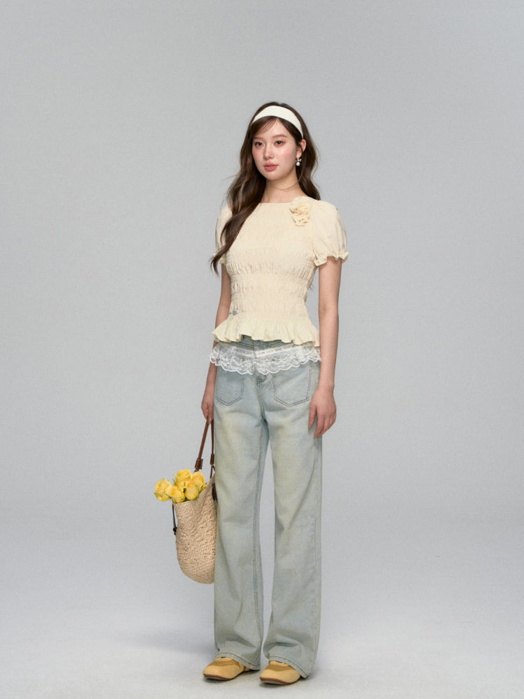 Three-Dimensional Flower Pleated Short-Sleeve Blouse