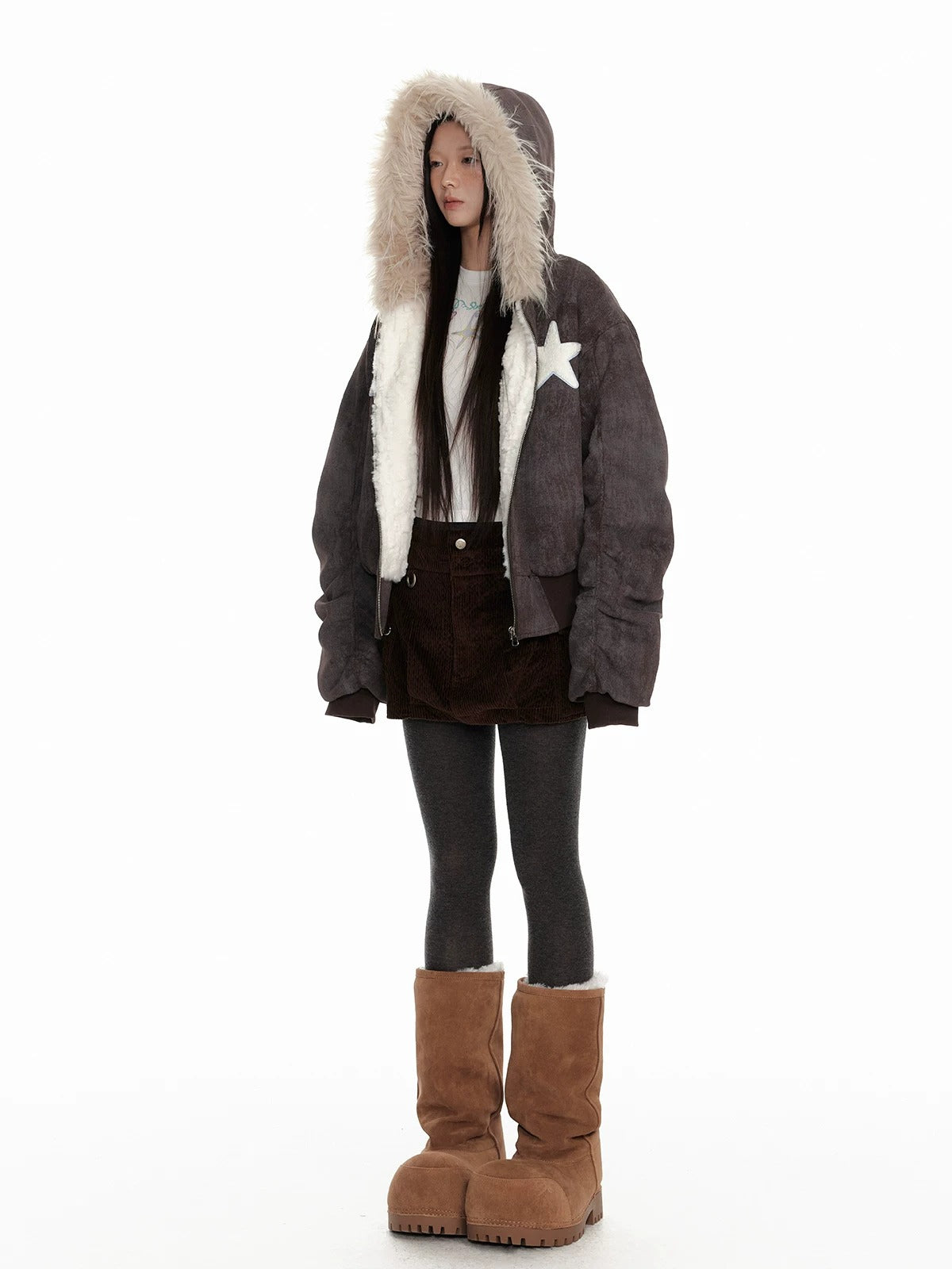 Distressed Fur Hooded Padded Jacket