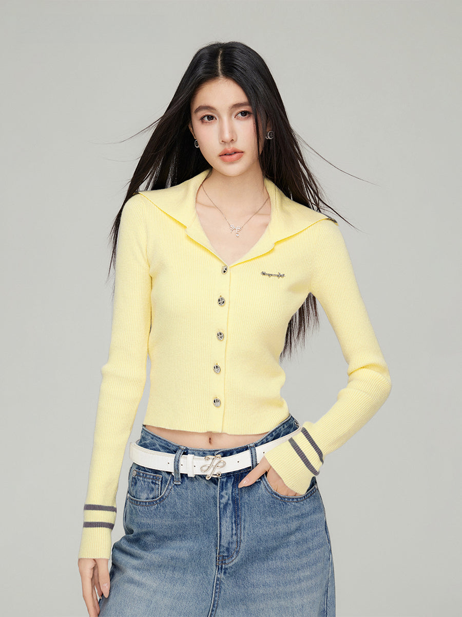 Navy Collar Ribbed Knit Cardigan