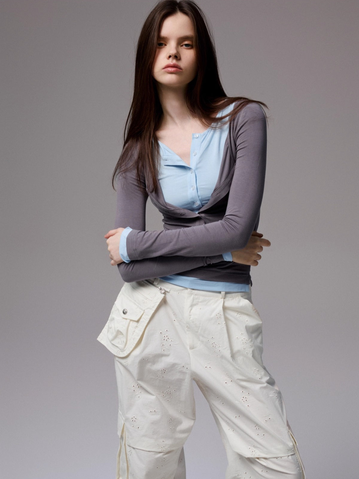 Contrast Layered Henley Blouse