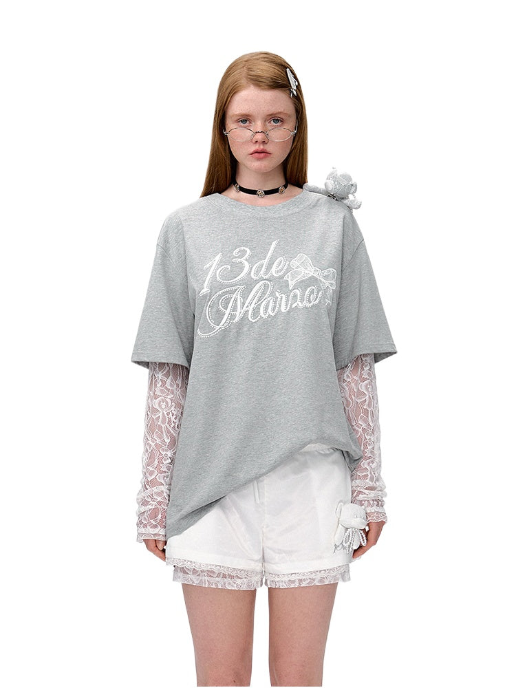 Lace Bear Fake Two- Piece Round-Neck T-Shirt