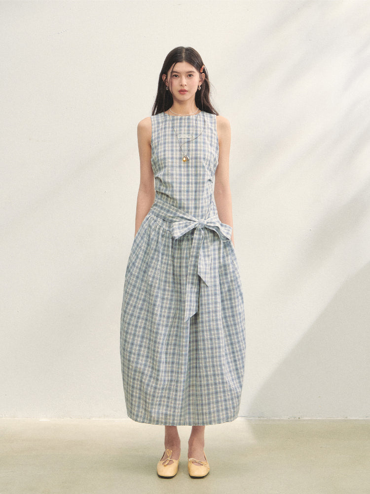 Belted Waist Checked Vest Dress