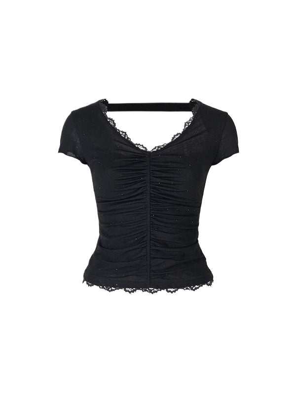 Acetate Lace Backless Beaded Short-sleeve T-shirt