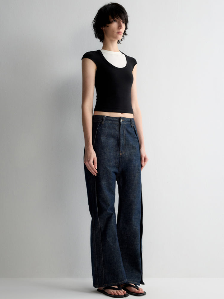 Structured Low Rise Drop-Crotch Flared Jeans