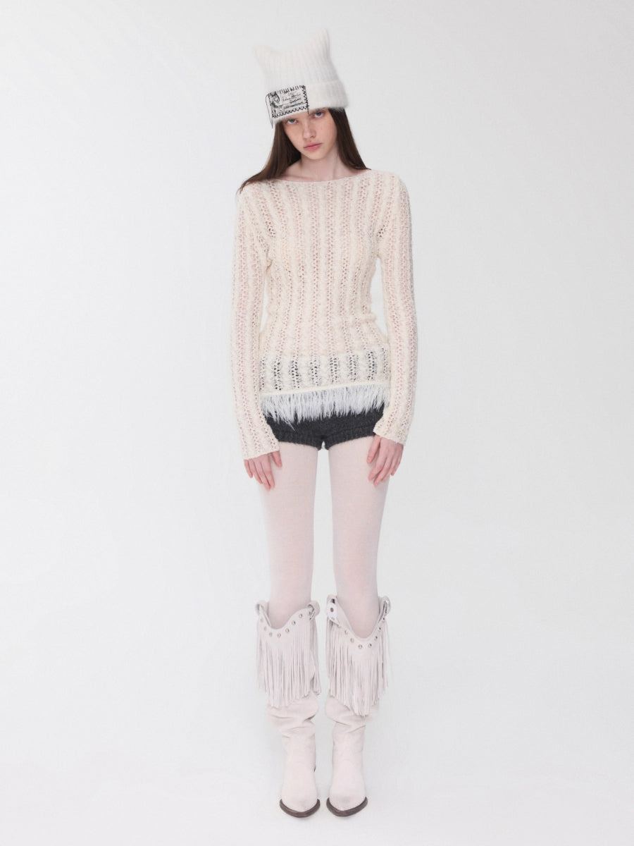 Cable Knit Faux-Fur Trim Fitted Sweater