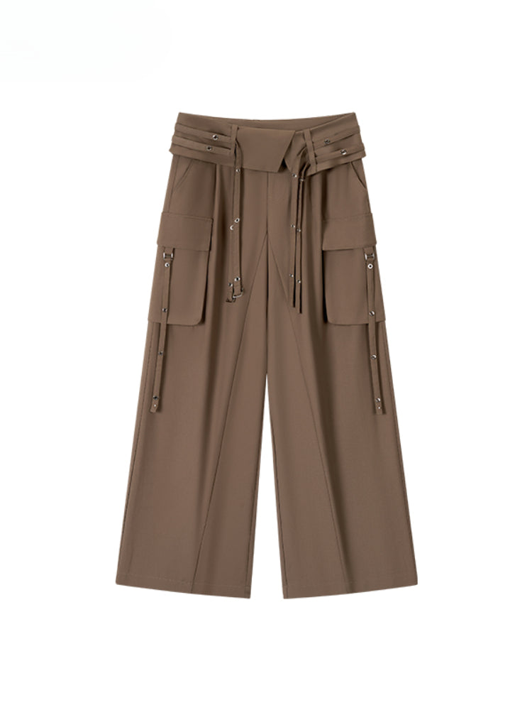 Folded Waist Three-Dimensional Pocket Casual Pants