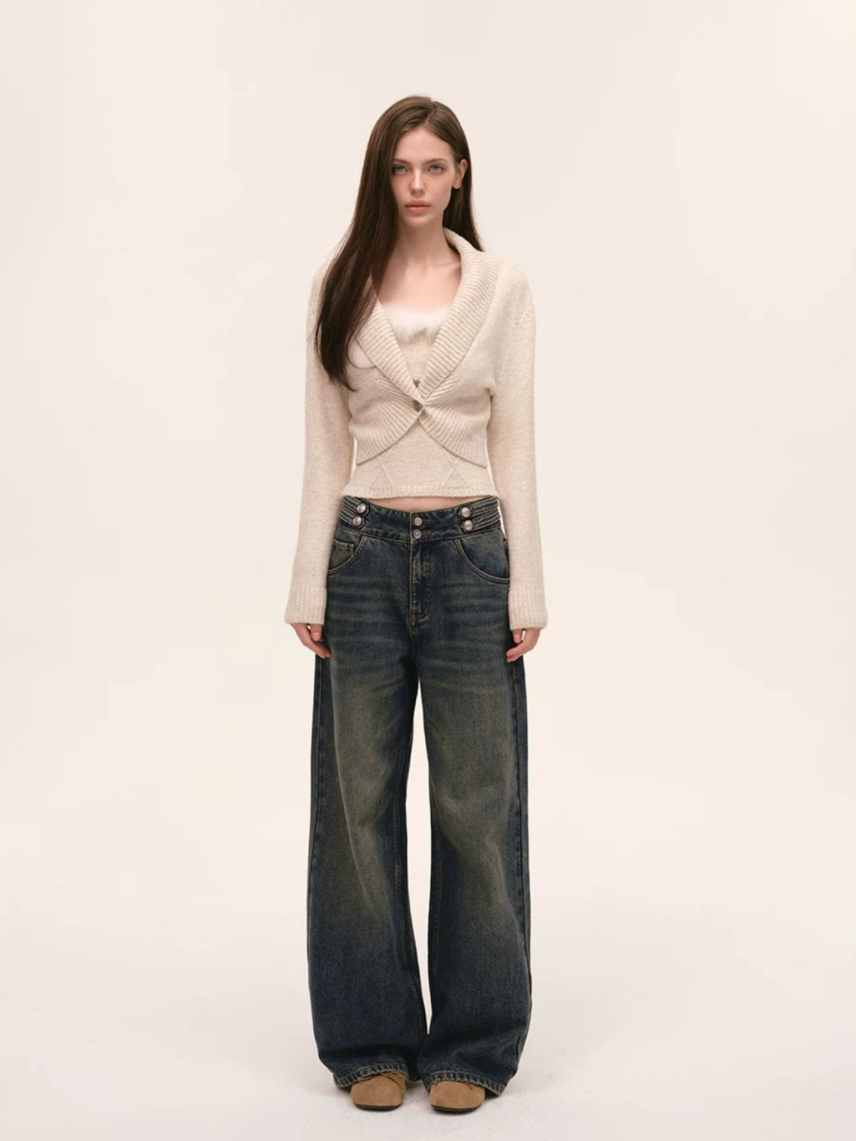 Vintage Double Button Wide-Leg Jeans