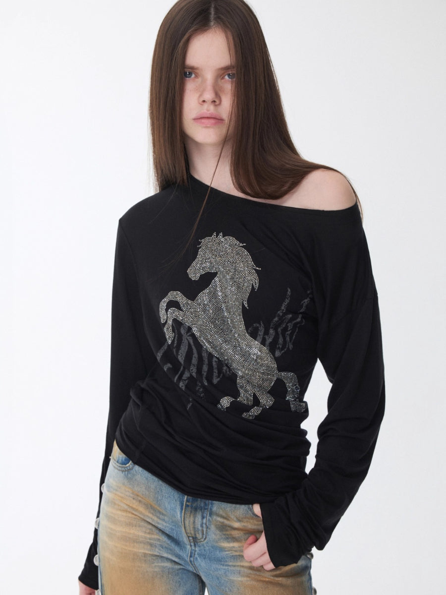 Rhinestone Embellished Asymmetric Drape T-shirt