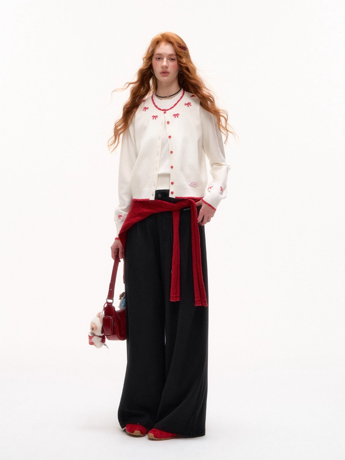 Bow Jacquard Contrast Knit Cardigan