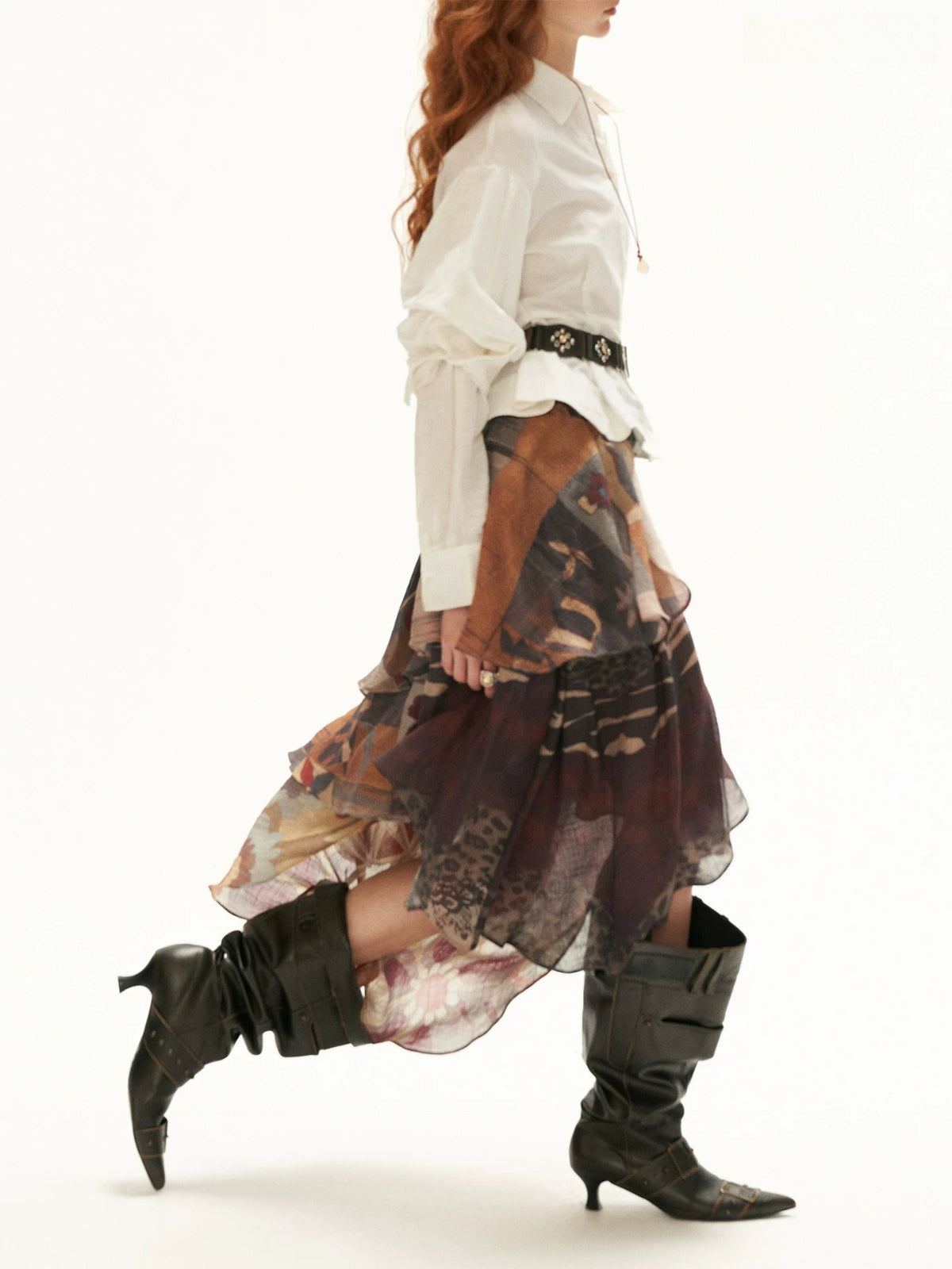 Layered Printed Ruffle Midi Skirt