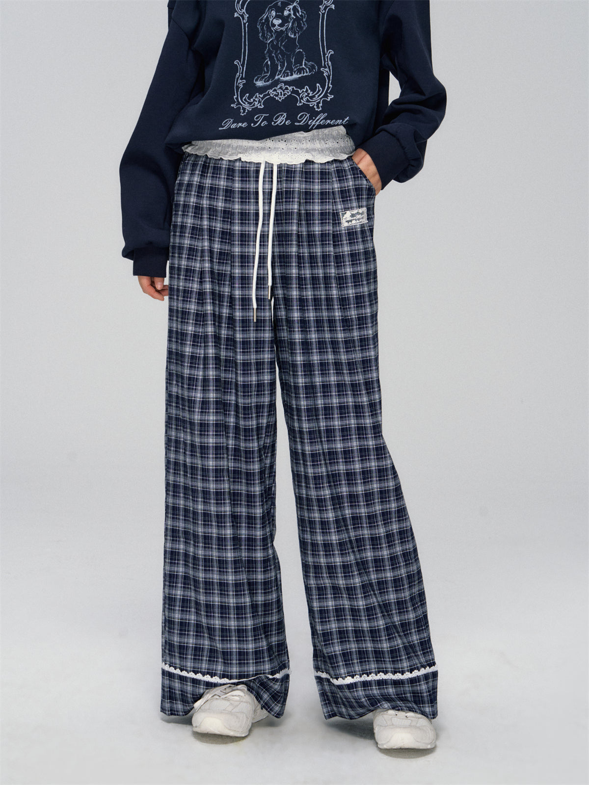 Navy Lace-Trim Plaid Pants
