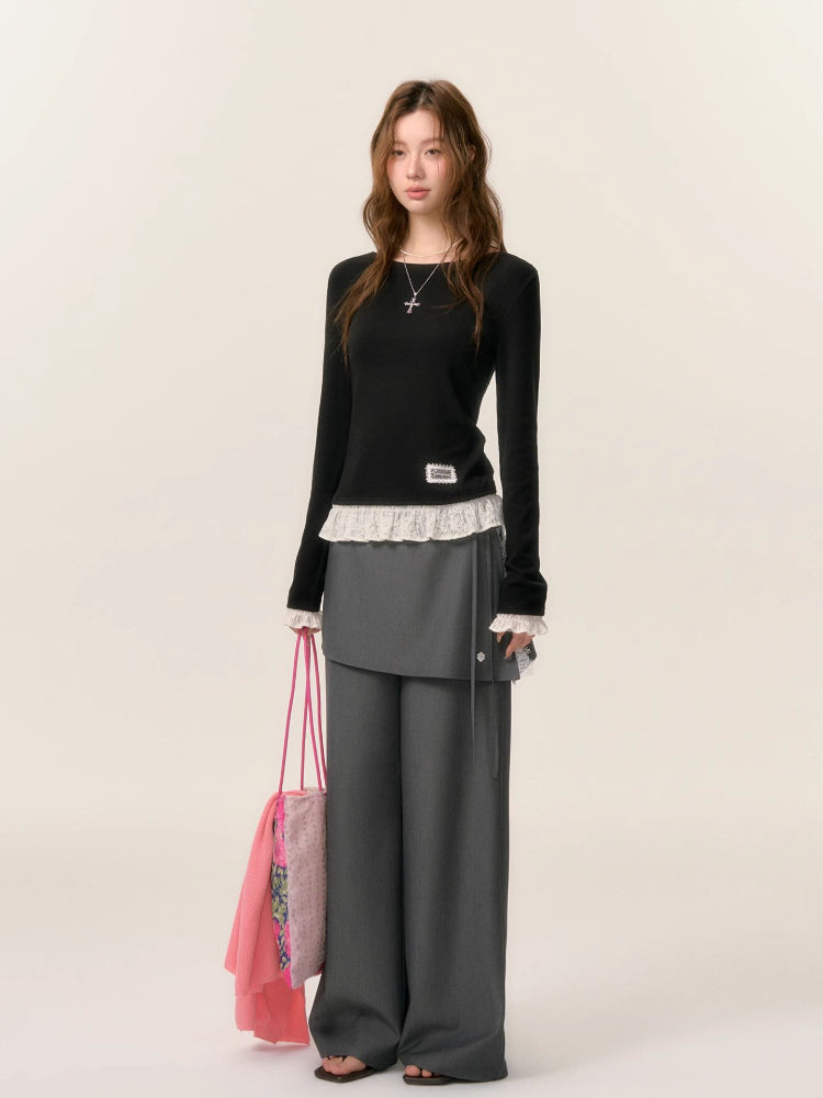 Patchwork Fake Two-Piece Wide-Leg Suit Pants