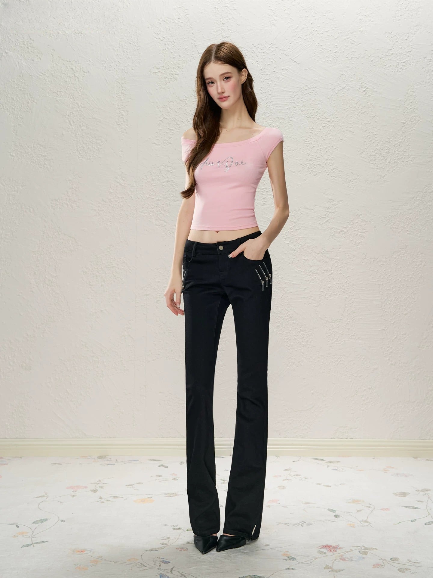 Black Low-Rise Slit Pants