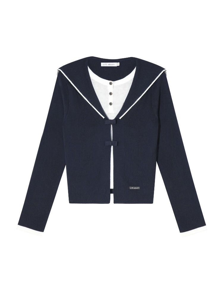 Navy Blue & Gray Sailor-Bow Knit Cardigan