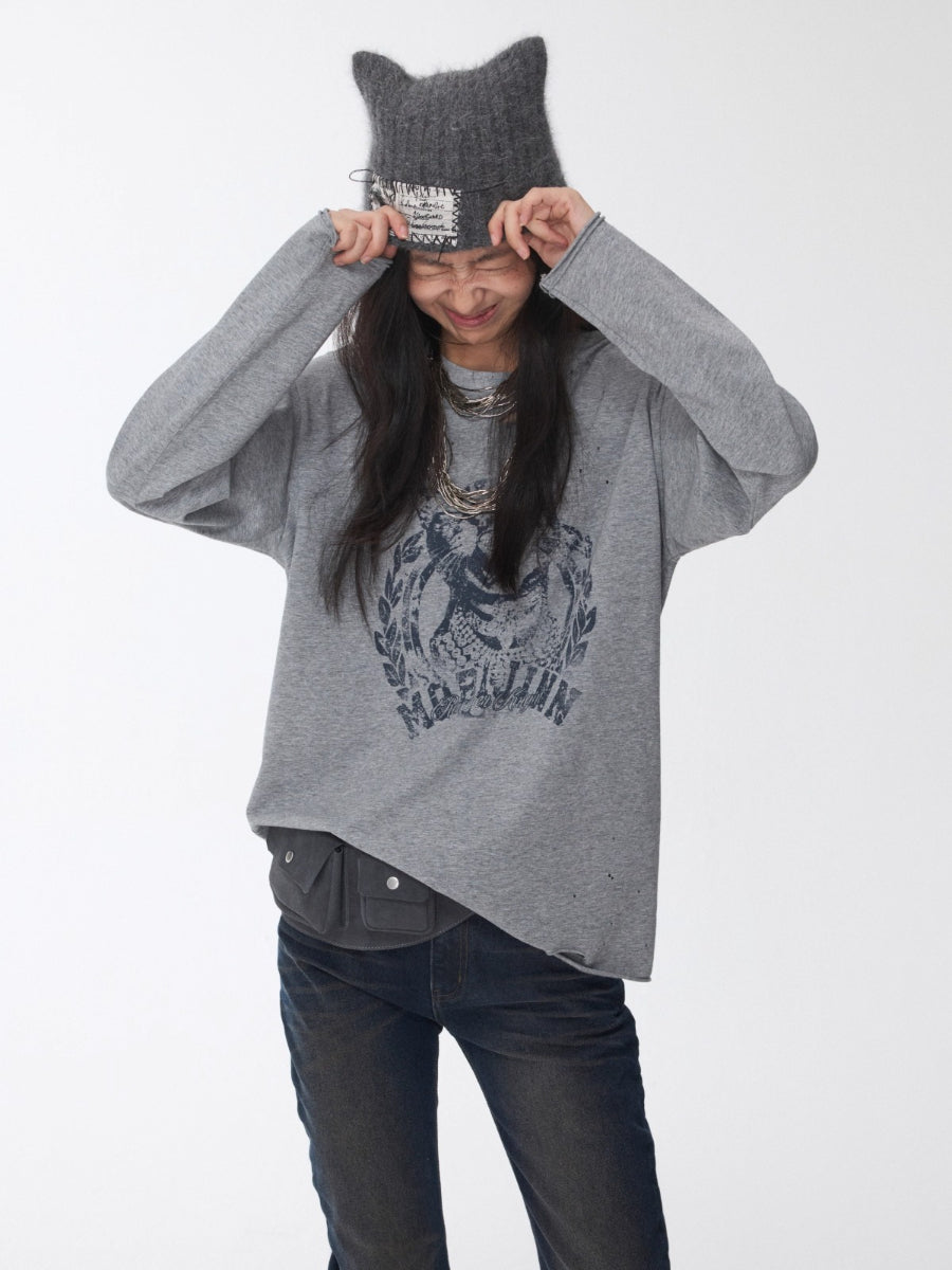 Distressed Cat Graphic Long Sleeve Cotton T-shirt