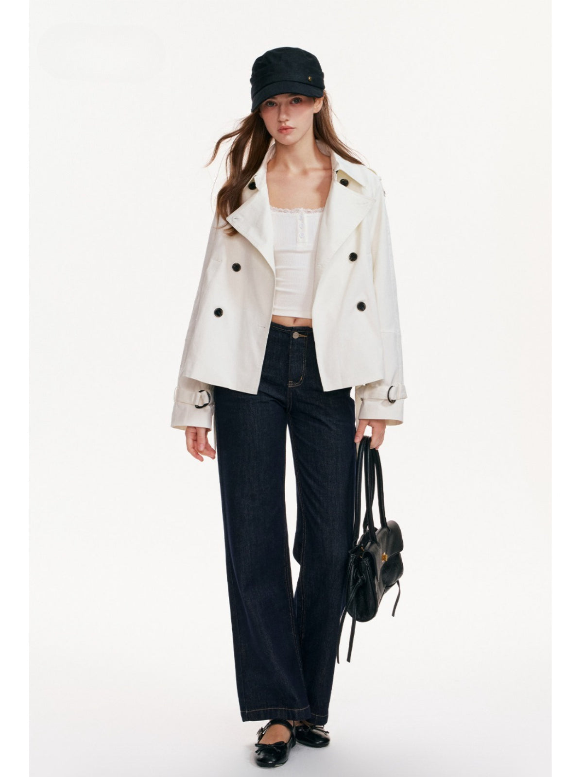 Buttoned Lapel Belted Cropped Trench Coat
