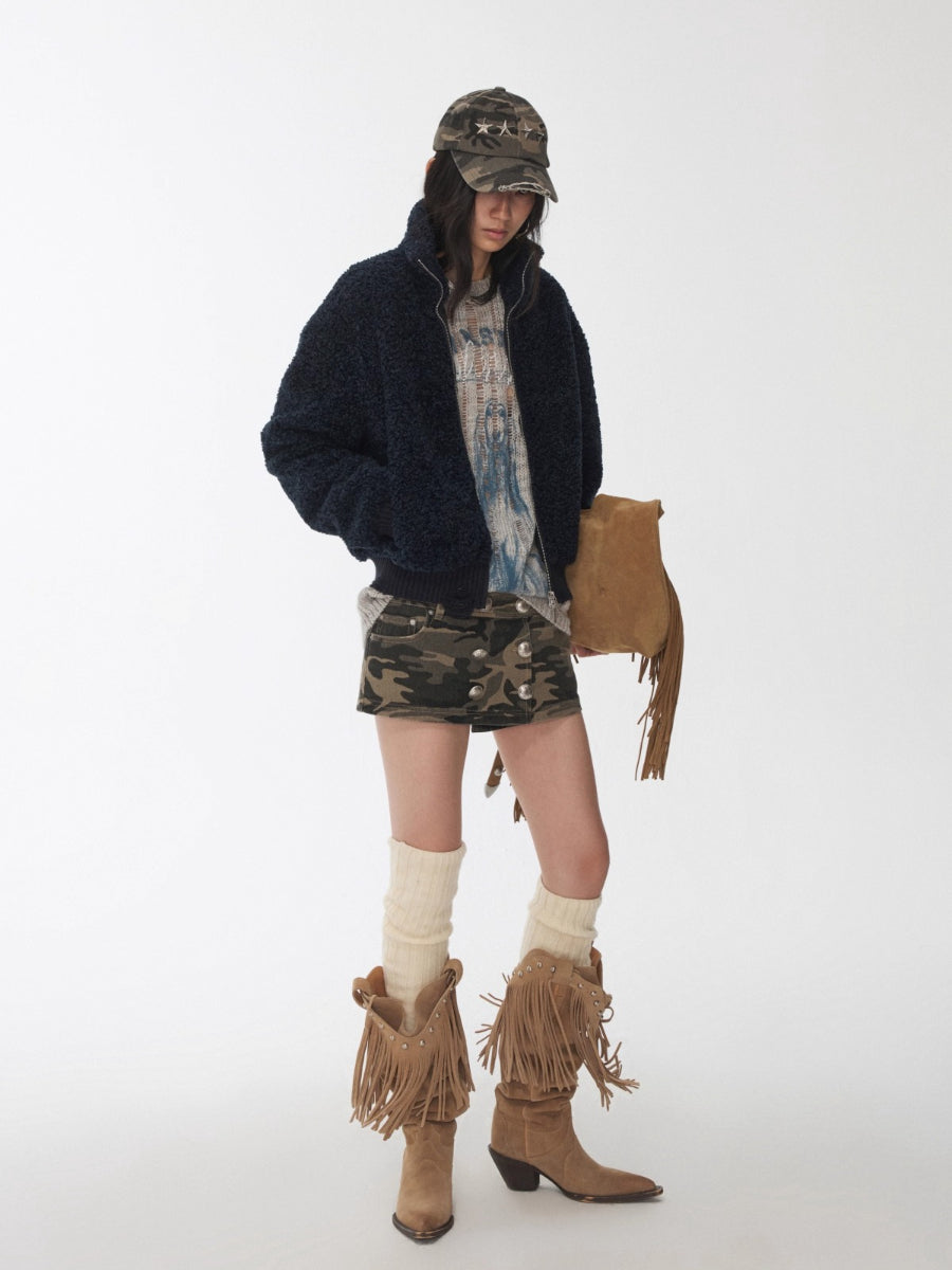 Zip-Up Shearling Textured Fitted Short Coat