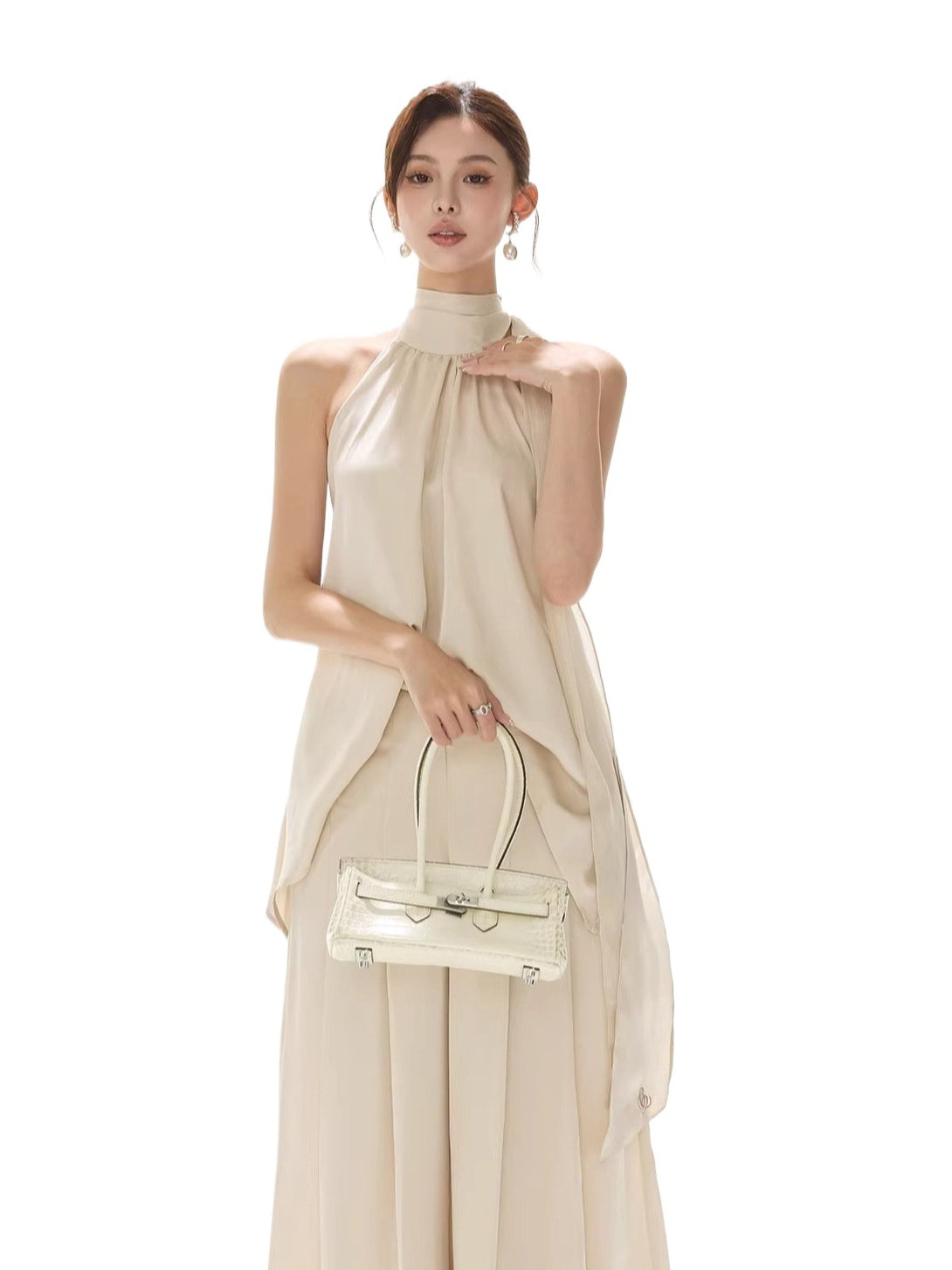 Satin Halter Tie Asymmetric Top
