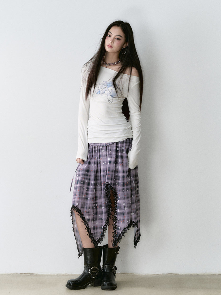 White & Navy Off-Shoulder Printed Blouse