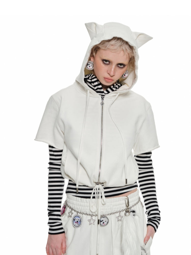 Black & White Cat-ear Short-sleeve Hoodie