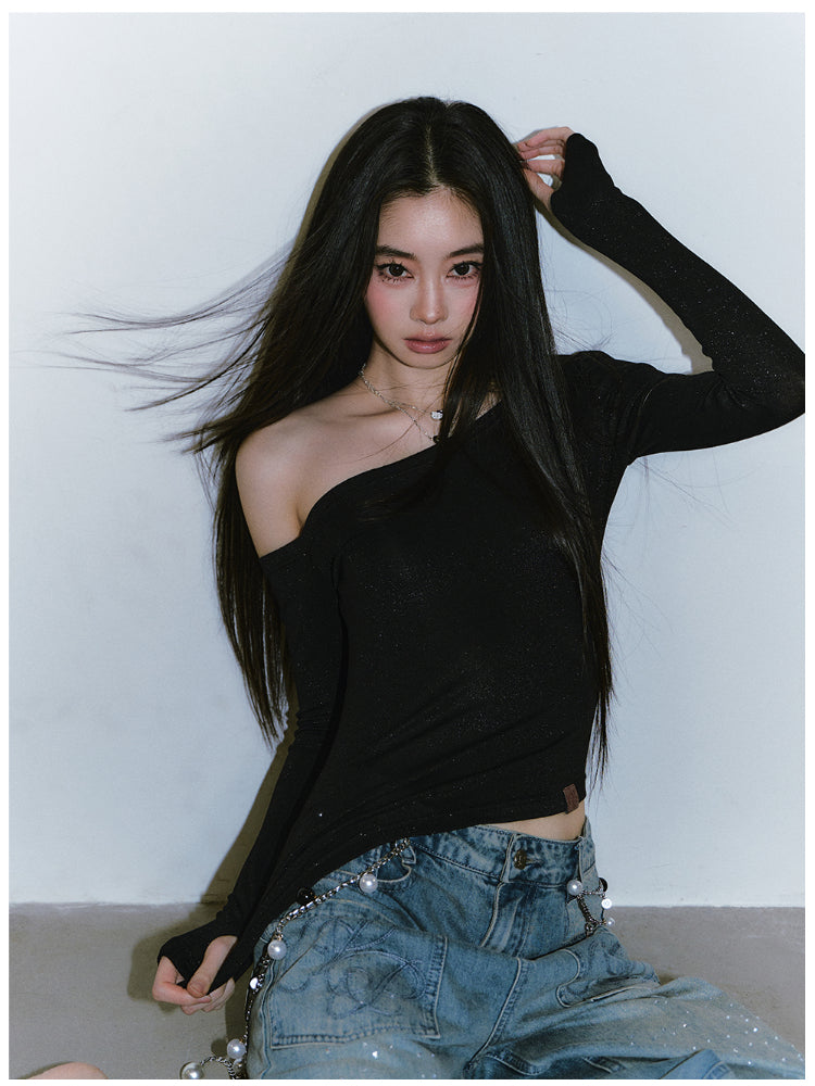 Shimmer Asymmetric Shoulder Irregular T-shirt