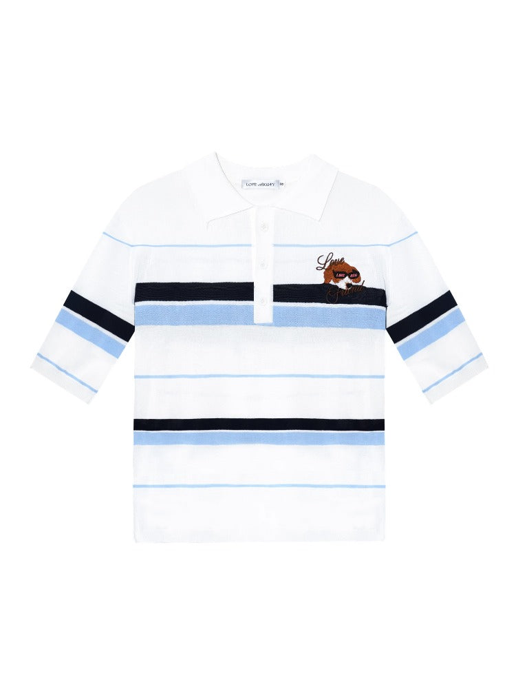Embroidered Striped Knitted Short-sleeve Polo Shirt