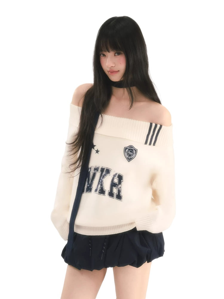 Letter Print Off-Shoulder Knit Sweater