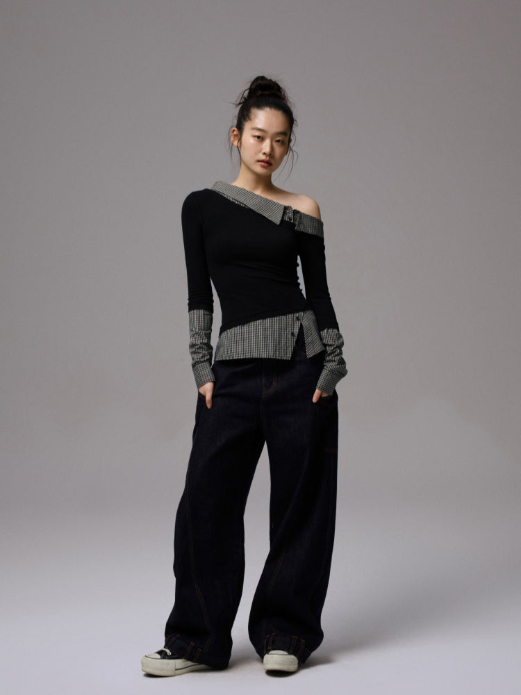 Asymmetric Collar Fake Two-Piece Fitted Blouse