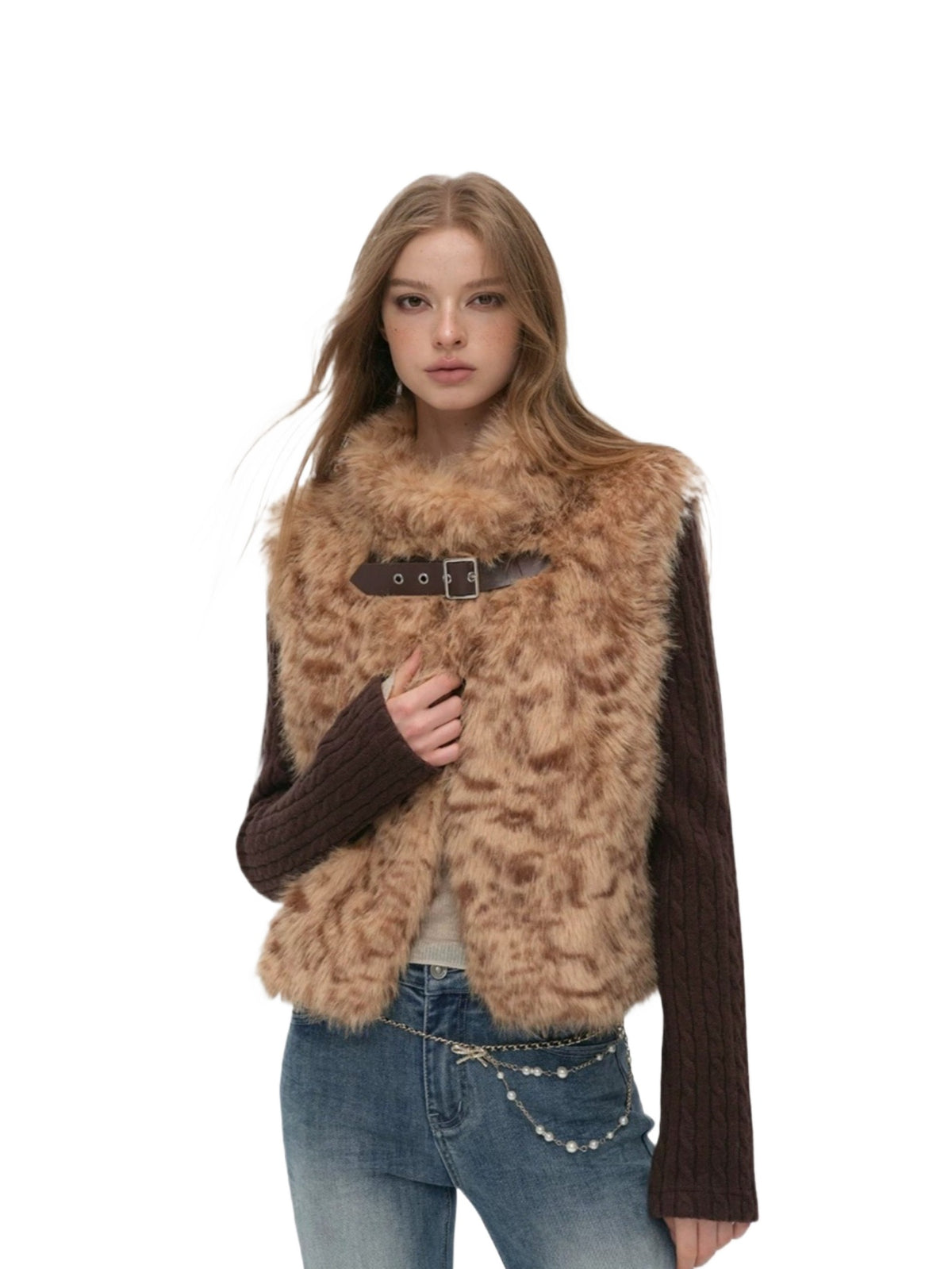 Leopard Faux Fur Sleeve Vest Jacket