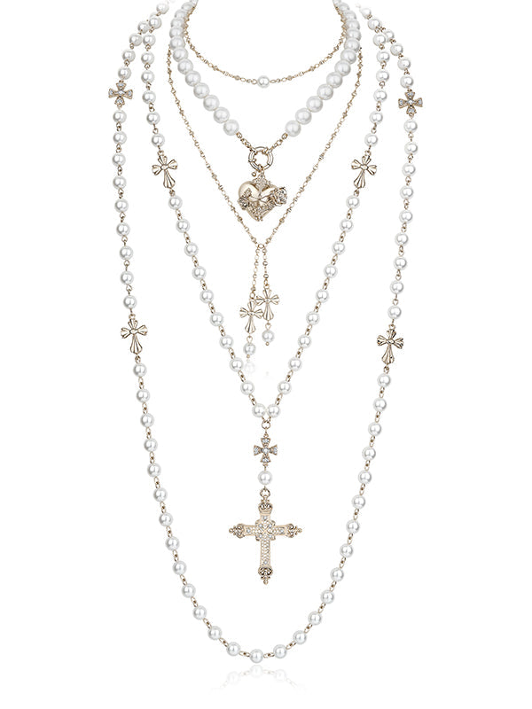 Layered Punk Heart Pearl Cross Long Necklace
