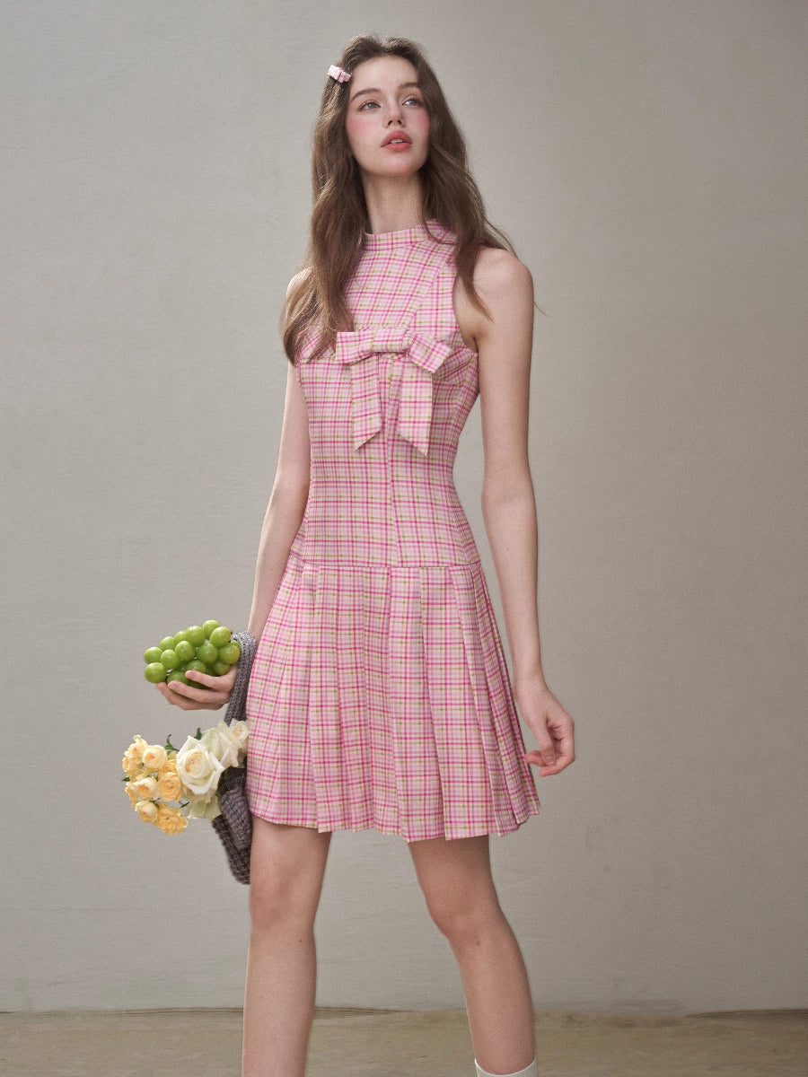 Mint & Strawberry Check Halter Dress