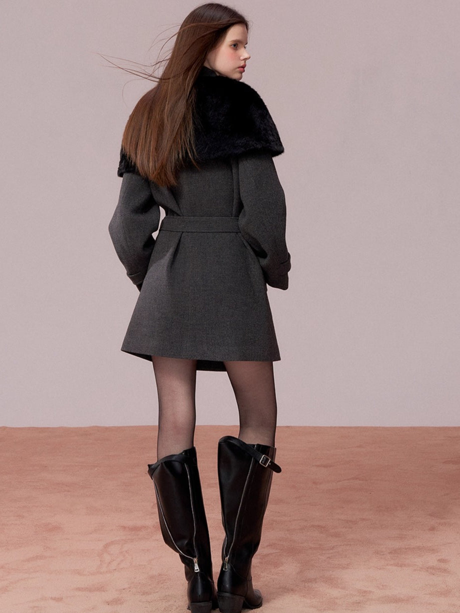 Fur Collar Cape-Style Wool Coat