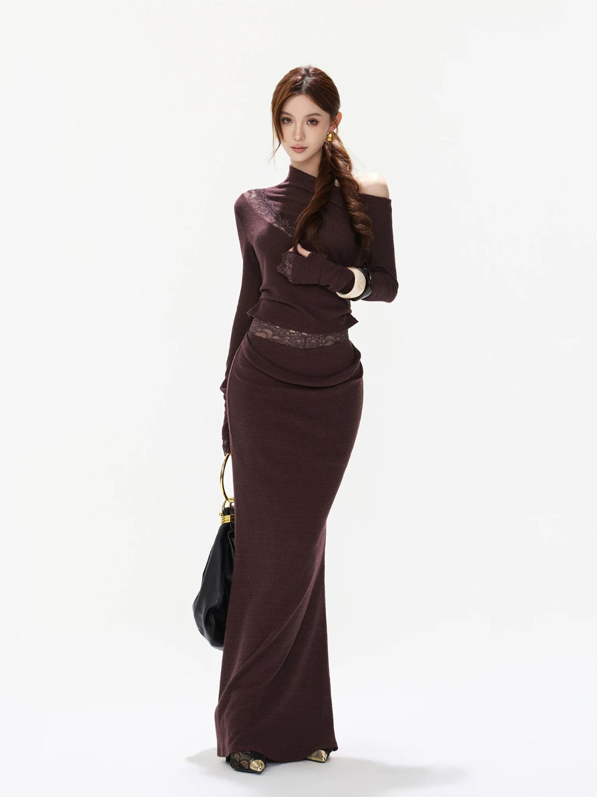 Purple Lace Ruched Top & Skirt Set