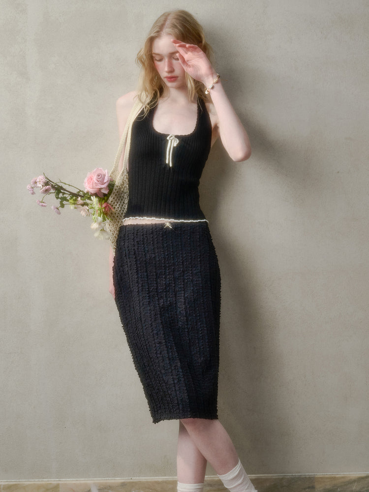 Hollow-out Color-blocking Knit Top