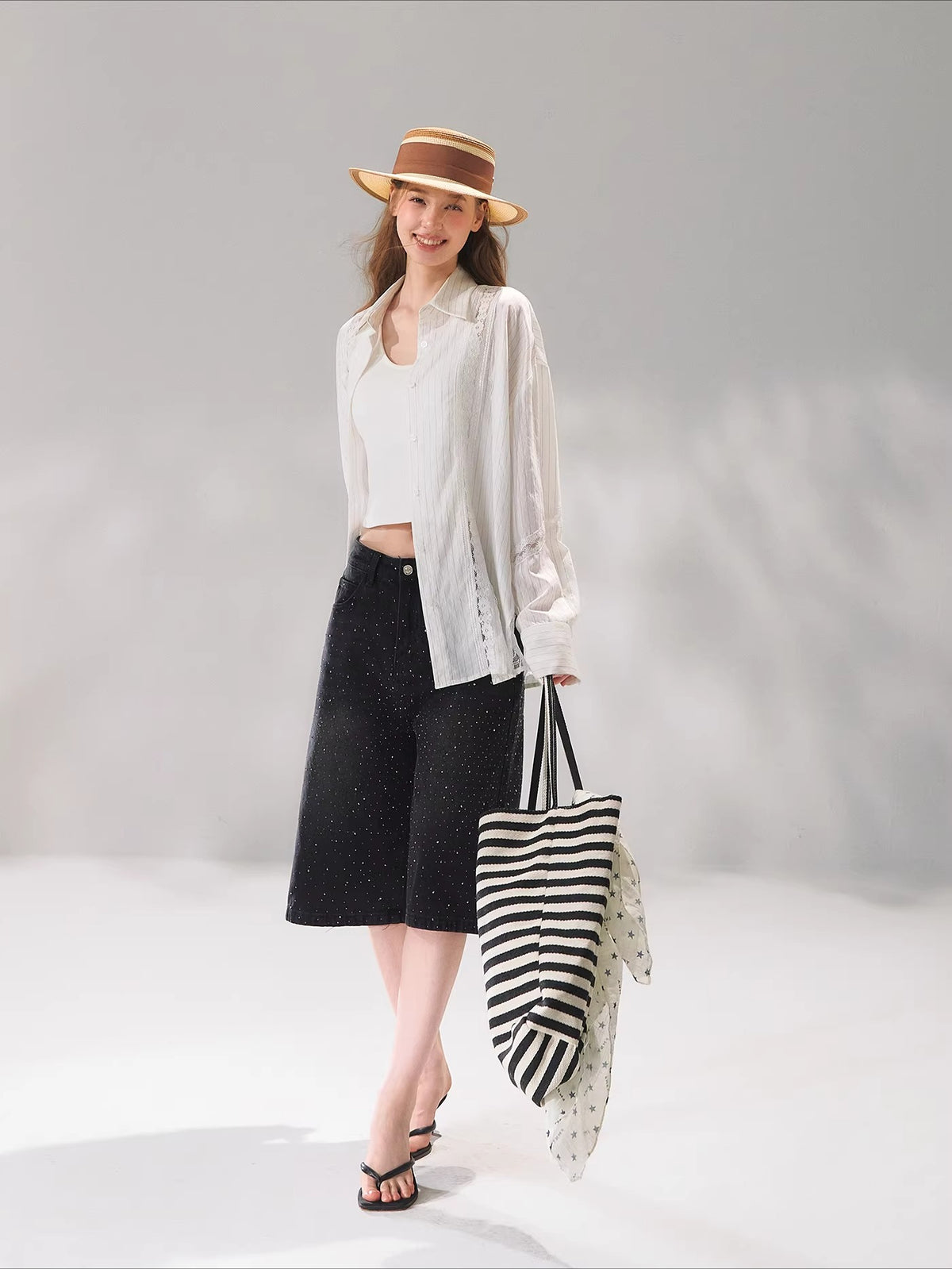 Rhinestone Washed Denim Culottes